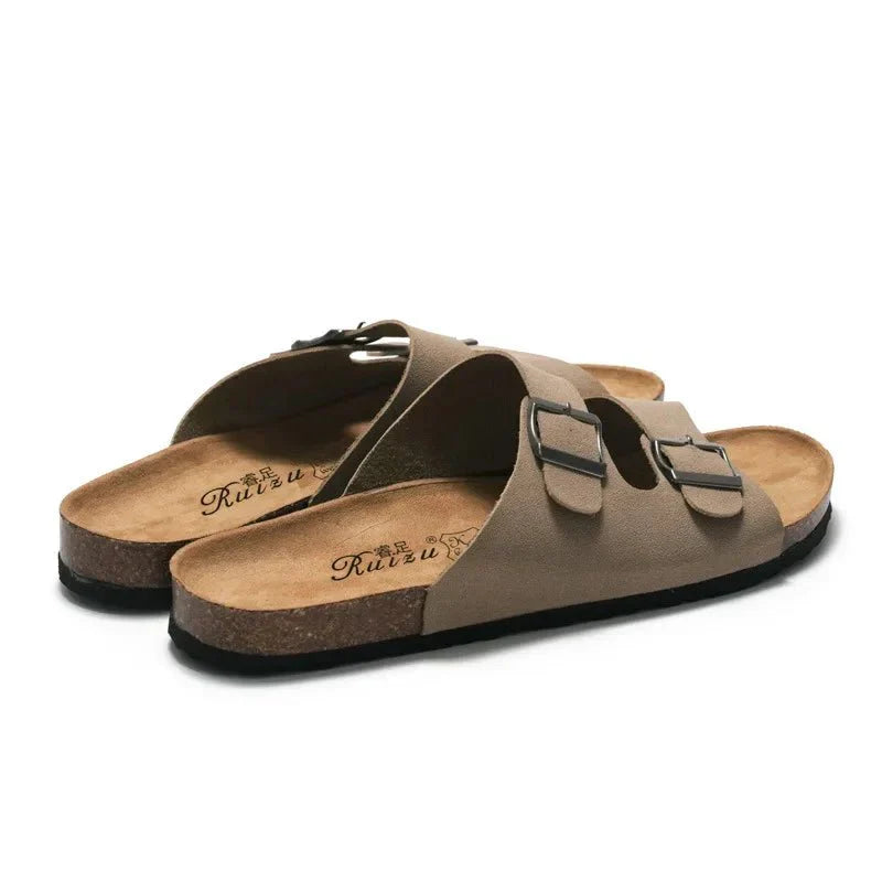 2022 New Unisex 35 - 46 Men Women Cork Slippers Leather Mule Clogs Slippers High Quality Soft Cork Two Buckle Slides Footwear - Chief Club