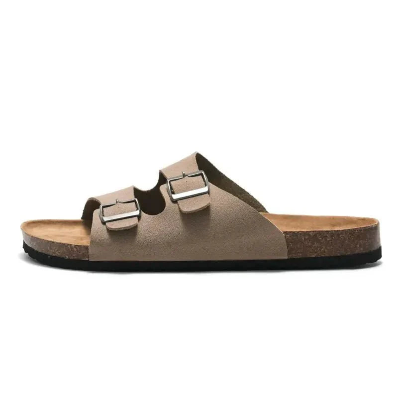 2022 New Unisex 35 - 46 Men Women Cork Slippers Leather Mule Clogs Slippers High Quality Soft Cork Two Buckle Slides Footwear - Chief Club