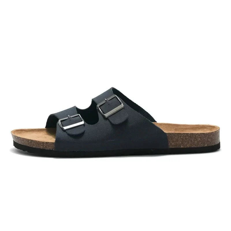 2022 New Unisex 35 - 46 Men Women Cork Slippers Leather Mule Clogs Slippers High Quality Soft Cork Two Buckle Slides Footwear - Chief Club