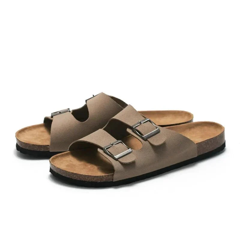 2022 New Unisex 35 - 46 Men Women Cork Slippers Leather Mule Clogs Slippers High Quality Soft Cork Two Buckle Slides Footwear - Chief Club