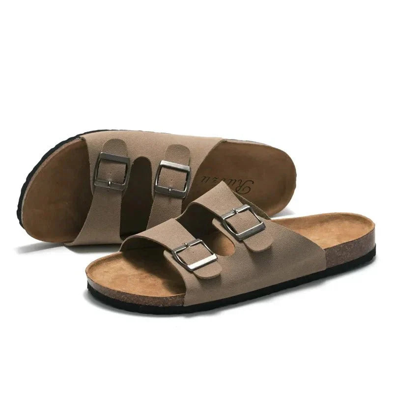 2022 New Unisex 35 - 46 Men Women Cork Slippers Leather Mule Clogs Slippers High Quality Soft Cork Two Buckle Slides Footwear - Chief Club