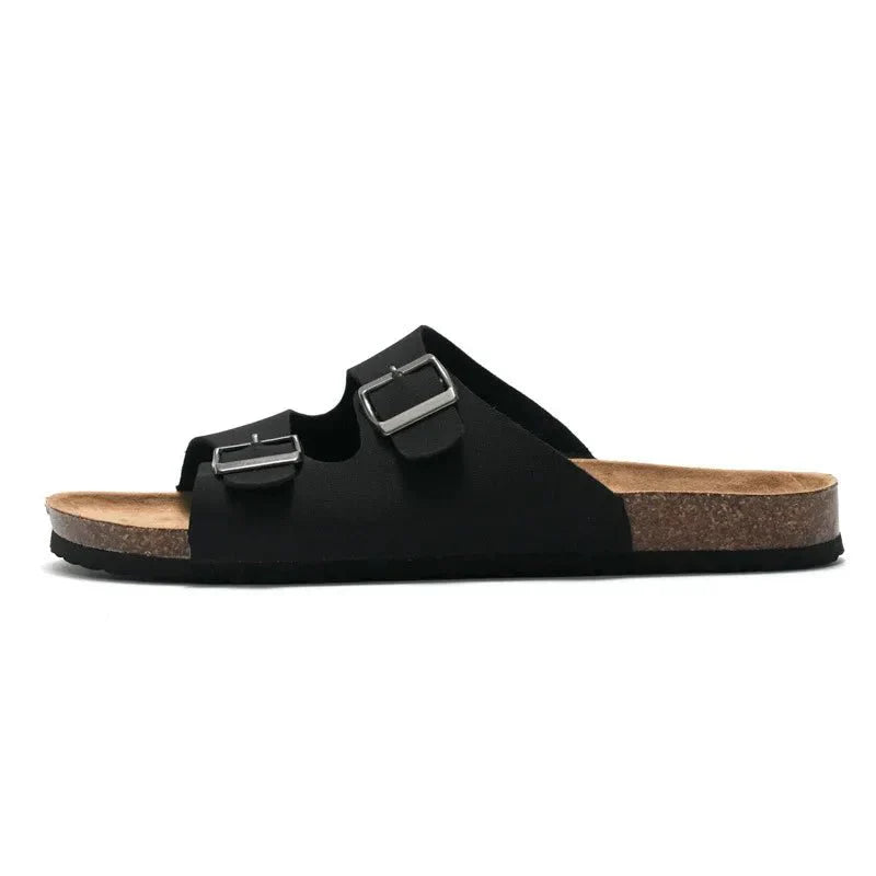2022 New Unisex 35 - 46 Men Women Cork Slippers Leather Mule Clogs Slippers High Quality Soft Cork Two Buckle Slides Footwear - Chief Club