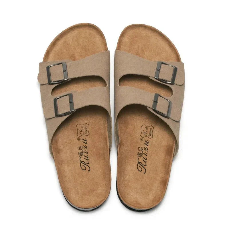 2022 New Unisex 35 - 46 Men Women Cork Slippers Leather Mule Clogs Slippers High Quality Soft Cork Two Buckle Slides Footwear - Chief Club